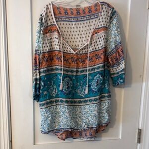 Roxy Teal and Orange Patterned Bohemian Blouse